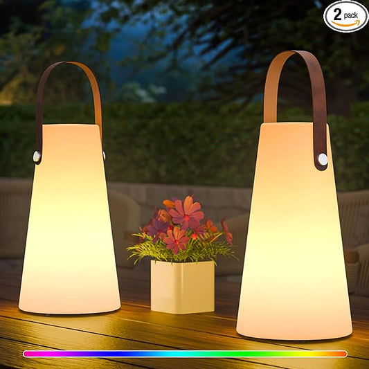2 Pack Outdoor Lanterns, GGII Rechargeable Lantern with IP44 Water-Resistant, Portable Cordless Outdoor Table Lamp RGB Colors for Patio Garden Camping Party (Leather)