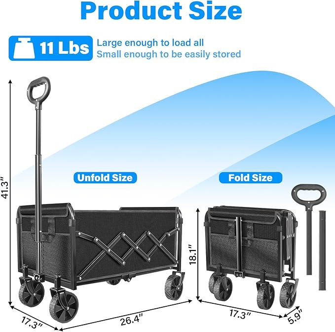 Wagons Carts Foldable, Collapsible Wagon Cart with Wheels - Beach Wagon Cart with Wheels for Sand Sports Camping Grocery, Black