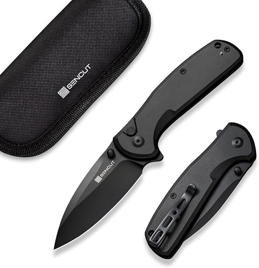 SENCUT ArcBlast Button Lock Knife for EDC, Folding Pocket knife with Aircraft-grade Aluminum Handle and 2.98" 9Cr18MoV Blade, Outdoor Gift for Men and Women S22043B-1 (Black)