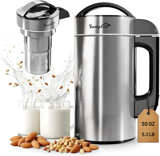 304 Stainless Steel Almond Milk Maker Machine (Built-in Filter) 50oz 6-7 Cups Per Batch, 8-IN-1 Cooking Blender Make Plant Based Nut Milk, Soy Oat Milk, Soup & Juice, Automatic Cleaning (Silvery)