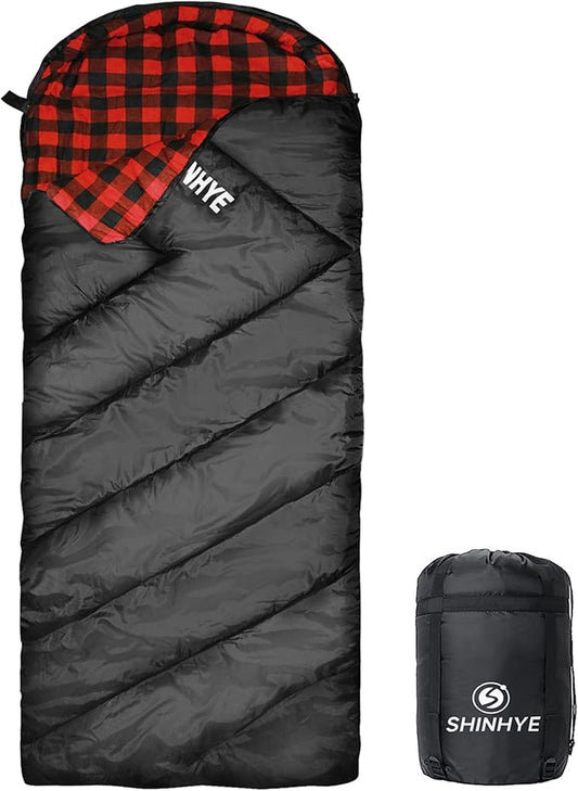 ShinHye 0 Degree Sleeping Bag for Adults - Cotton Flannel 4 Season Cold Weather Winter, XXL Big and Tall Camping Sleeping Bag with Compression Sack