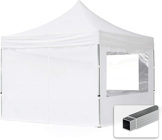10x10 ft PES 700 Pop up Canopy Tent Economy Aluminium 1.3 in., incl. 4 Sidewalls with Panorama Windows, White