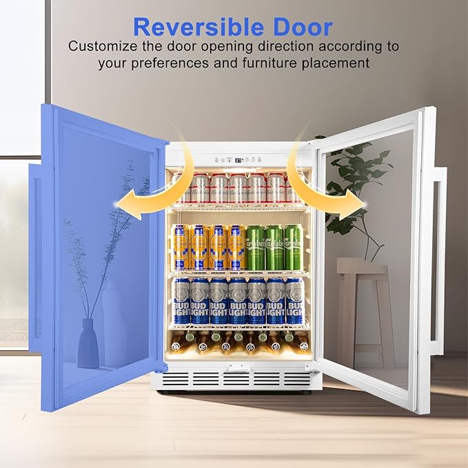 24 Inch Beverage Refrigerator, Undercounter Beverage Fridge, 200 Cans, Glass Door, Reversible Door, Temperature Control, Safety Lock, White, 4.9 Cubic Feet