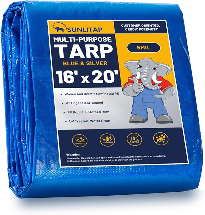 16x20Ft Tarp Cover 5 MIL Waterproof Poly Tarps, Light Duty Tarpaulin with Grommets, Reinforced Edges, Rip & Tear Proof, Multipurpose Finished Size Tarp for Cars, Boat, Roof, Camping - Blue