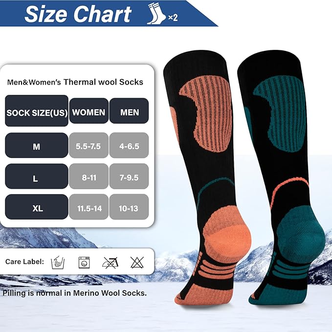 Merino Wool Ski Socks 2 Pairs, Thermal Knee High Warm Socks for Snowboarding, Hiking, Cold Weather, Snow, Hunting