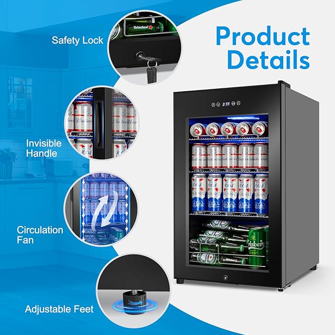 Beverage Refrigerator 17 inch Wide - 126 Can Beverage Cooler with Glass Door | Counter-Top/Freestanding Mini Beverage Beer Fridge | Temperature Memory | Invisible Door | Perfect for Soda, Beer