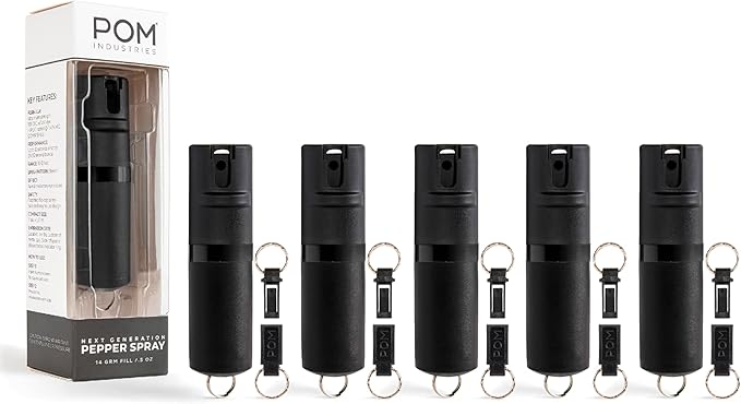 POM Pepper Spray Keychain, Quick Key Release for Instant Access, Flip Top Safety, Maximum Strength OC Formula with UV Marking Dye, 25 Bursts, 10 ft Range, 0.5 fl oz