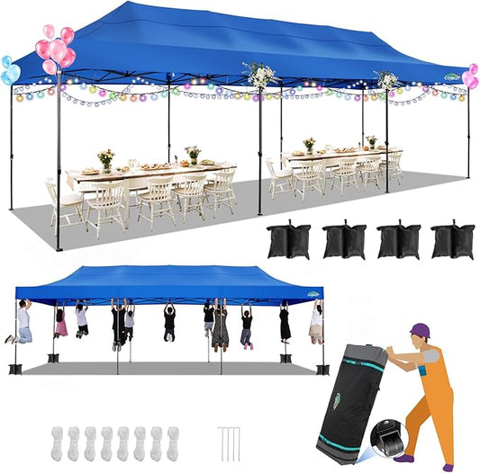 COBIZI 10x30 Pop up Canopy, Heavy Duty Outdoor Party Tents for Parties, Ez up UPF 50+ Waterproof Commercial Canopy with Wheeled Bag can fold, Blue(Windproof Upgraded)