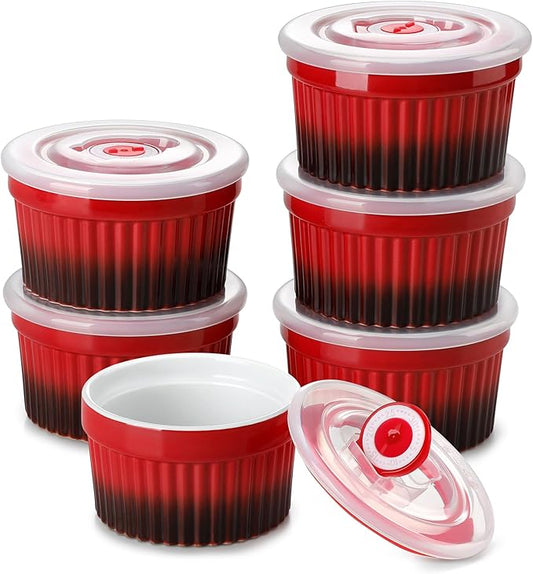 vancasso 6 oz Ramekins with Lid, Porcelain Creme Brulee Souffle Dishes, Red Pudding Custard Cups Ramiken for Baking, Dishwasher and Oven Safe, Set of 6