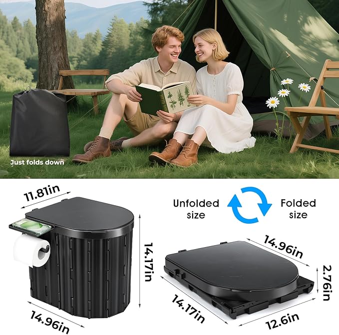 Portable Toilet for Adults, Foldable Plastic Toilet, with Lid and Paper Holder Travel Porta Potty for Adults Camping, Hiking, RV, Fishing, Beach, Road Trip, Truck, Hunting (Black)
