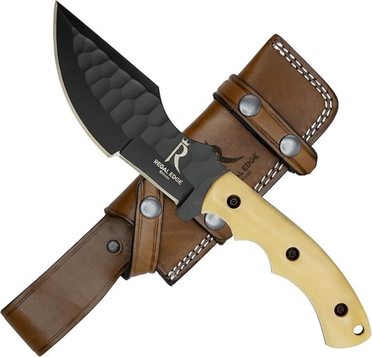 Fixed Blade Knife – 10” Handmade Tracker Hunting Blade with Camel Bone Handle & Leather Sheath, Full Tang 1095C High Carbon Steel Survival Knife for Camping, Hunting & Outdoor Use