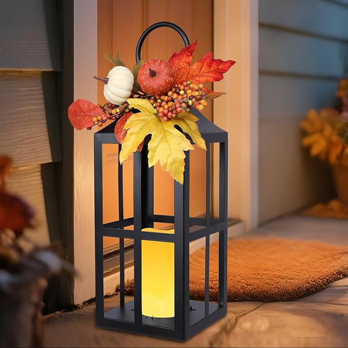 Bdor 2 Pack Fall Lantern Decor with LED Candle – 17.7 Inch Harvest Pumpkin Maple Leaf Hanging Lantern for Autumn Thanksgiving Table Centerpiece Indoor Outdoor Decoration, Battery Operated