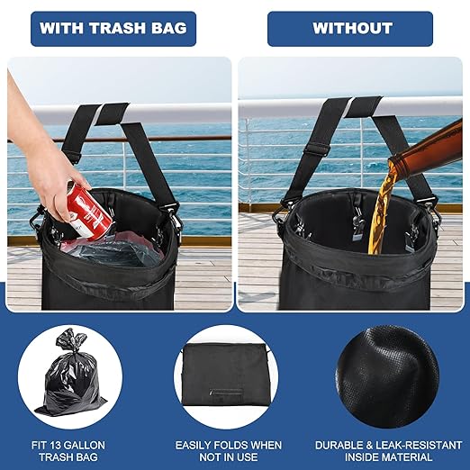 Waterproof Boat Trash Can with 6 Clips, 13 Gal Boat Trash Bag Holder with Pocket, Reusable Fast Cleaning Pontoon Boat Accessories, Marine Boat Garbage Can for Fishing, Sandbar, or Camping