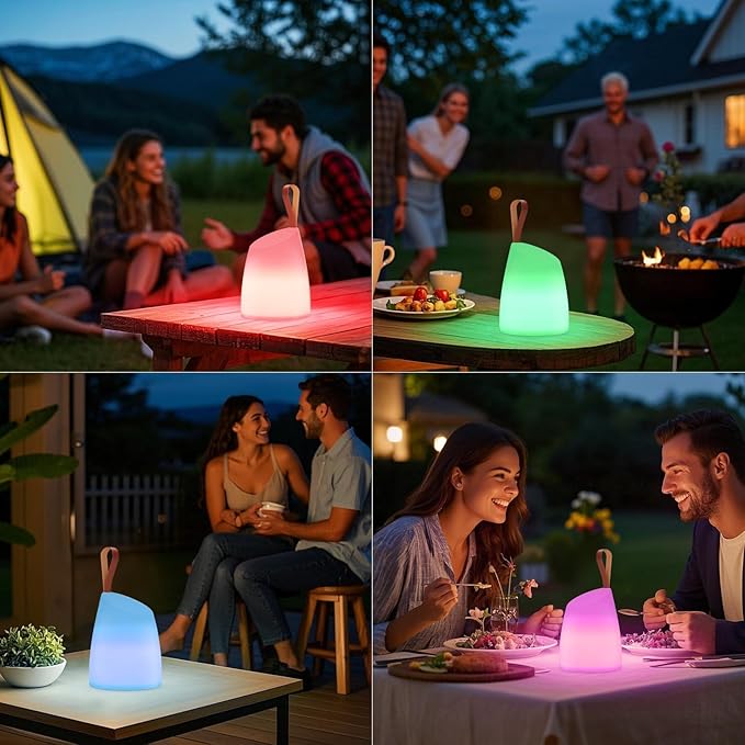 uuffoo Portable Outdoor Table Lamp with Remote - Dimmable Rechargeable LED Lantern, IP44 Water-Resistant, 7 Color RGB + Warm White, Memory Function, 7H Timer Auto-Off for Patio Garden Camping.