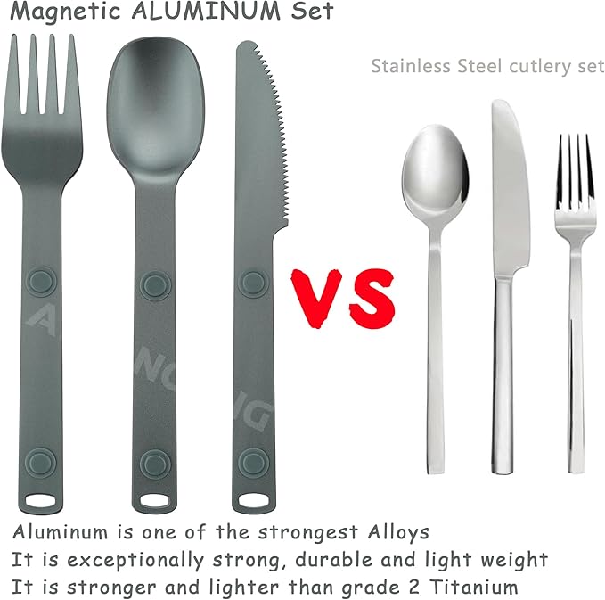 Magnetic Camping Utensil Set, Aluminum Cutlery Set, Knife, Fork & Spoon, Travel Utensils for Camping, Cooking, and Outdoor Dining, 3-Pack, Gray
