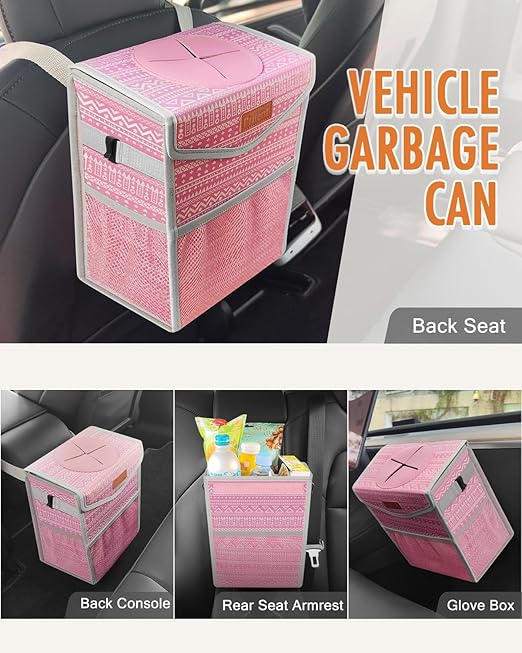 Car Trash Can with Lid, Cute Leakproof Car Trash Garbage Bag Hanging Vehicle Trash Bin Small Portable Automotive Garbage Cans Organizer for Back/Front Seat/Console(Trapezoid,Pink Print)