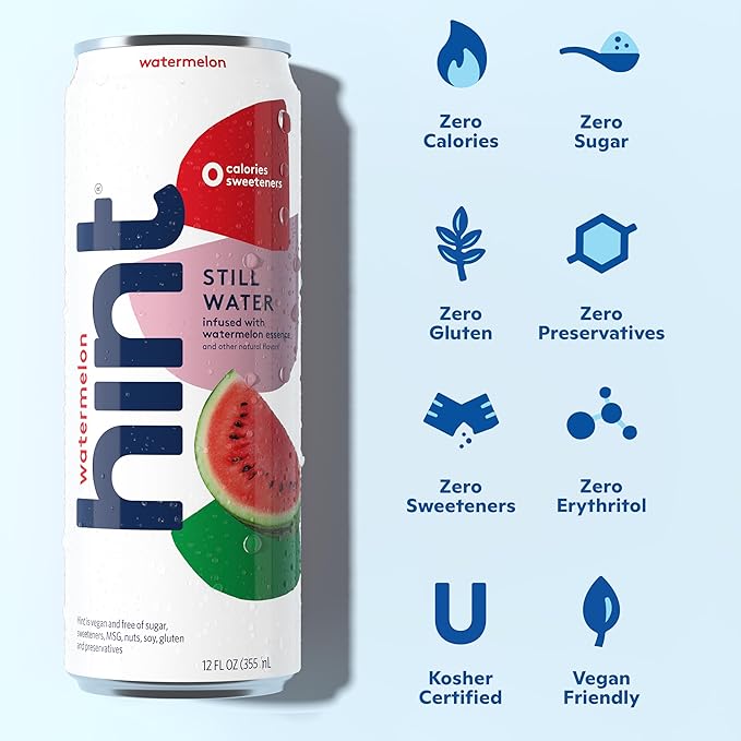 Hint Watermelon Canned Flavored Water, Pure Still Water Infused with Watermelon Essence, 12 oz Slim Cans, Zero Sugar, Calories, Sweeteners, Preservatives, or Artificial Flavors (Pack of 12)