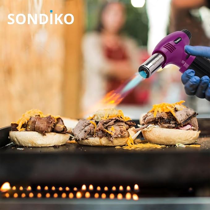 Sondiko Butane Torch Lighter, Refillable Kitchen Torch with Safety Lock and Adjustable Flame for Desserts, Creme Brulee, and Baking, ‎Pink&Black