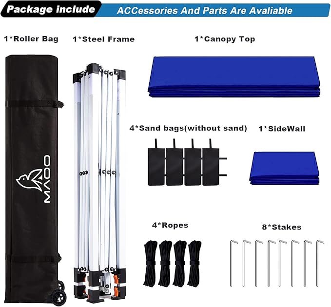 MAOO 10x10 Pop Up Canopy Tent with Sidewall - UPF 50+ Waterproof Commercial Instant Gazebo - Easy Setup for Parties, Beach, Camping - Wheel Bag, 4 Sand Bags, 8 Stakes & 4 Ropes - Blue