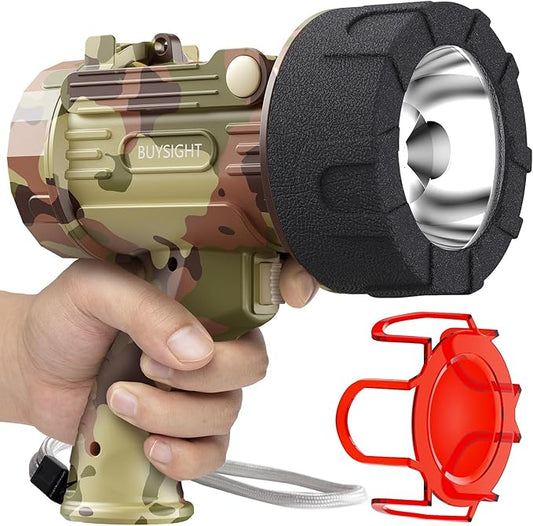 BUYSIGHT Rechargeable Spotlight Flashlight,Super high lumens Hand held Spotlight Waterproof Flashlight Hunting Lamp with red Filter (Camouflage Grey)