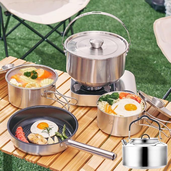 7PCS Camping Cooking Set,Camping Cookware Mess Kit,304 Stainless Steel Camping Cookware with Travel Tote Bag for Camping Outdoor Cooking & Picnic,RVs