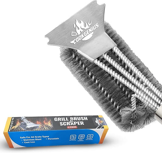 CockGenius Grill Brush with Scraper for BBQ Grills – 18 Inch Long Handle BBQ Grill Cleaner for Outdoor Grill, Extra Strong BBQ Grill Cleaner for Grill/Smoker/Gas/Charcoal Grill - Best BBQ Grill Tool