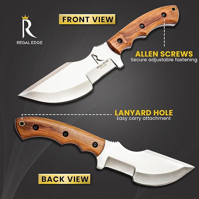 Fixed Blade Knife 10” Hunting Knife With Fire Starter And Leather Sheath - Olive Wood Handle Survival Knives for Camping, Hiking, and Outdoor Use By Regal Edge