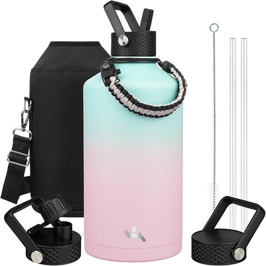 Gallon Insulated Water Bottle with Straw,128 oz 3 Lids Water Jug with Carrying Bag,Paracord Handle, Double Wall Vacuum Stainless Steel Metal Flask,Gum