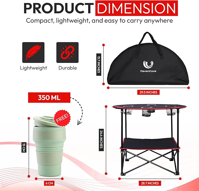 Camping Table, 2-Tier Folding Portable Table with 4 Cup Holders, Camping Cip & Carry Bags for Camping, Collapsible Table Steel Frame, High-Grade 600D Canvas, for BBQ, Fishing, and Picnic