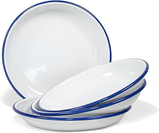 Red Co. Set of 4 Enamelware Metal 10” Round Camping Plates, Solid White/Navy Blue Rim