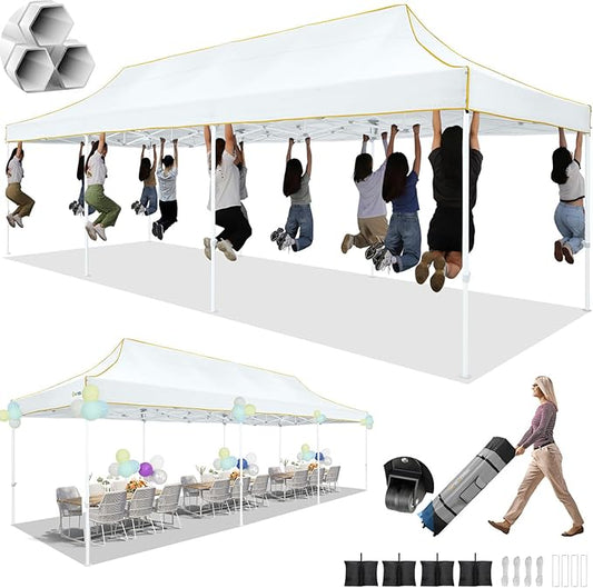 HOTEEL 10x30 Pop up Canopy Tent for Parties, Heavy Duty Easy Setup Tent Without Sidewalls, Outdoor Commercial Instant Gazebo for Wedding Event, with Portable Bag, White(Hexagonal Frame)