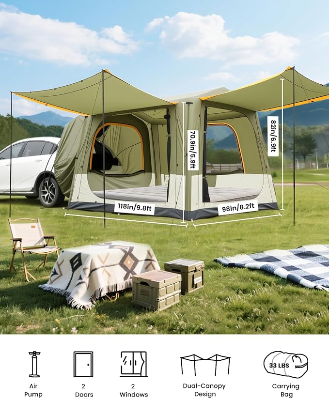 Inflatable SUV Tents for Camping, Pop Up Car Tent, Large SUV Tent Attachment for Camping, 2 in 1 Inflatable Tents Attach to Back Car with AC Port - ArmyGreen
