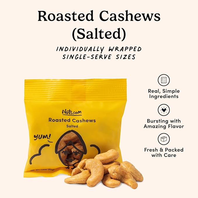 Nuts.com – Roasted Cashews (Salted Single Serve) — Creamy & Savory Flavor, Healthy Snack for Adults & Kids, Good Source of Protein, Fiber, Calcium, Iron & Healthy Fats – Vegan & Gluten-Free – 24 Pack