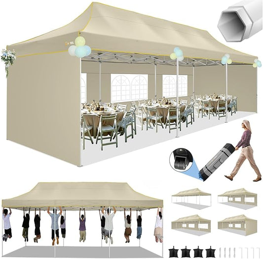 HOTEEL Tents for Parties 10x30 Heavy Duty Pop Up Canopy Tent with 5 Sidewalls&Wheeled Bag, Commercial Event Party Tent Wedding Instant Canopy Waterproof, UV 50+, Upgraded Thicked Hexagonal Legs, Khaki
