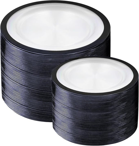 U-QE 200 Pcs Clear and Black Plastic Plates - Black Plates Disposable for Party - Include 100 Dinner 10'' & 100 Dessert 7'', Perfect for Halloween Party & Wedding (Heavyweight)