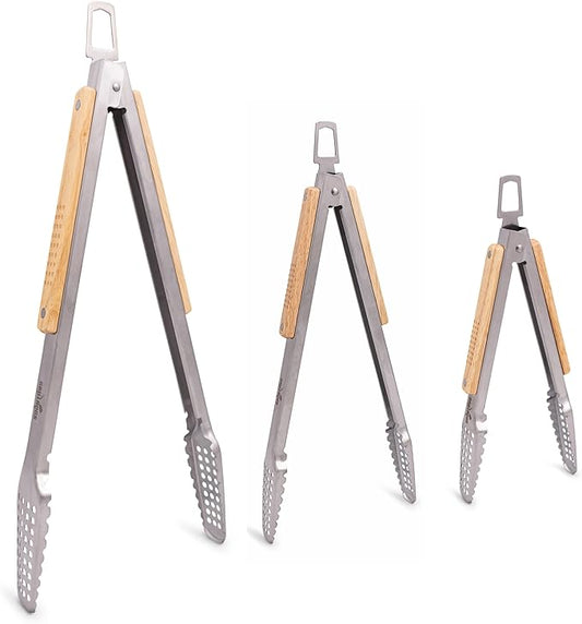 9", 12" and 16" Tongs 18/0 Stainless Steel BBQ Grill Tongs with Real Oak Wood Handle for Cooking - Durable Grilling Accessory, Tongs for Cooking & Kitchen, Outdoor Barbecue, Easy to Clean - 3-Pack