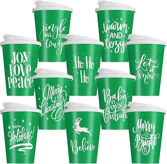 Sliner 10 Pcs Christmas Reusable Coffee Cups with Lids Bulk 12 oz Christmas Plastic Cup Gifts Xmas Drinks Tumblers with Snowflake for Coworkers Family Winter Party Favors (Green)