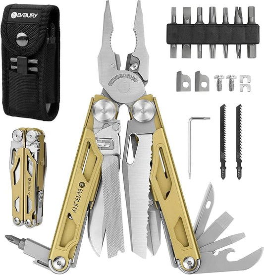 BIBURY Multitool Pliers Pro BI2045, Foldable Multitools with Replaceable Wire Cutters and Saw, Stainless Steel Multi Tool w/Upgraded Scissors and Screwdriver Set, Ideal for Camping, Hiking, Survival