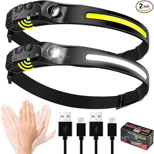 Headlamp Rechargeable 2 Packs,2000mAh Battery Powered Rechargeable Headlamps for Adults,Super Bright Motion Sensor Lead Lights for Forehead,Type-C USB Charging for Hiking Fishing