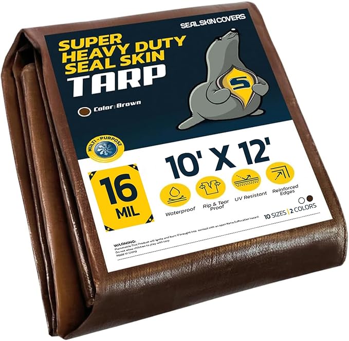 Seal Skin Covers Heavy Duty Waterproof Tarp 10x12 FT, 16 Mil 8 OZ 160 GSM Thick Brown Poly Tarp with Rustproof Grommets, Tear-Proof Cover with Reinforced Edges for Camping, Pool, Canopy Use
