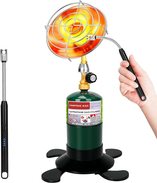 Portable Heater with Windproof USB lighter, Outdoor Space Propane Heater with Foldable Base Control Valve, Cordless Gas Tank Patio Heaters for Garage Camping Tent Hunting Fishing (Fuel Not Included)