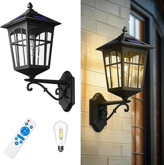 zeyu Solar Outdoor Front Porch Light, Large Outdoor Wall Mounted Light with Remote, Die-Cast Aluminum with Seeded Glass Shade, Black Finish, ZYX113B-M SL BK