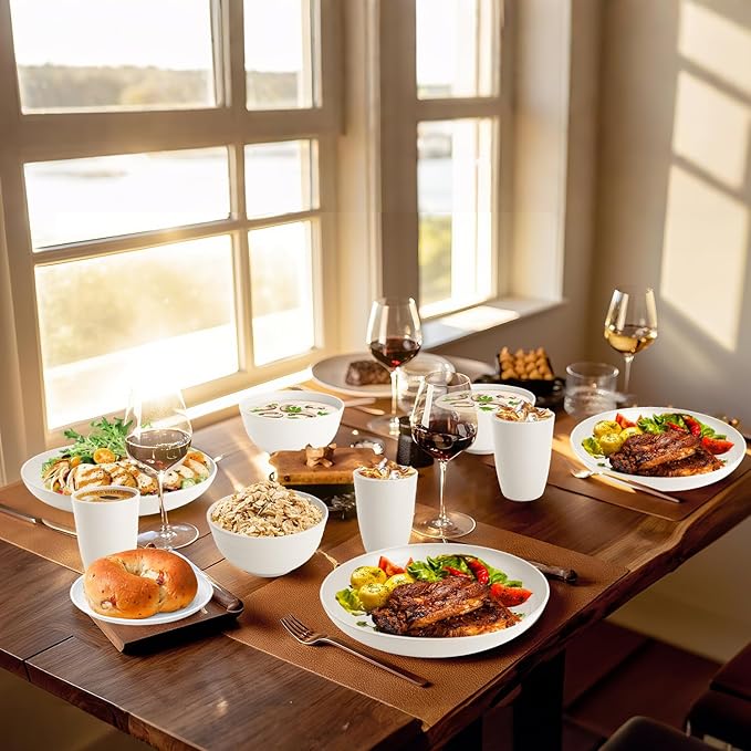 Homienly KItchen Wheat Straw Dinnerware Set, Alternative to Plastic Plates and Bowls Sets, Unbreakable Lightweight Dishes Set for 8 - Plate Set, Soup Bowls, Drinking Glasses for KItchen, Party - White