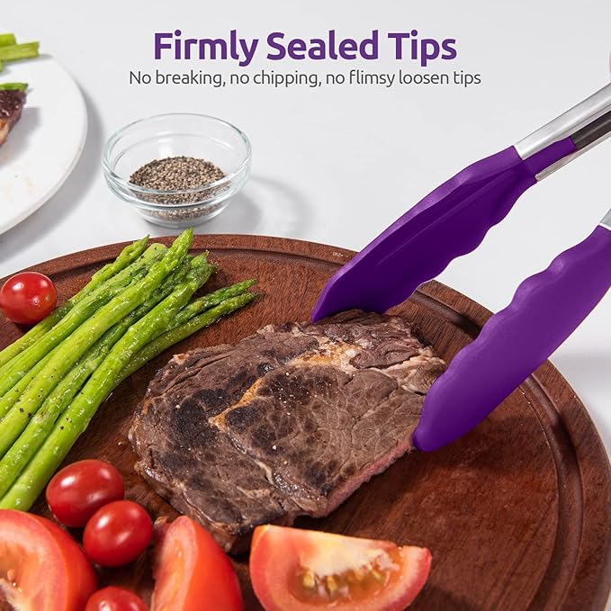 600ºF Heat Resistant Kitchen Tongs: U-Taste 9 inch Silicone Cooking Tong with Firm Sealed Non Stick Rubber Tips & Silicon Coated 18/8 Stainless Steel Handle & Smooth Locking for Serving Grill (Purple)