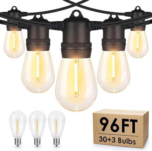 96FT LED Outdoor String Lights, Waterproof Patio Lights with 30+2 2700K Dimmable Shatterproof Edison Hanging Bulbs for Backyard Party-Black
