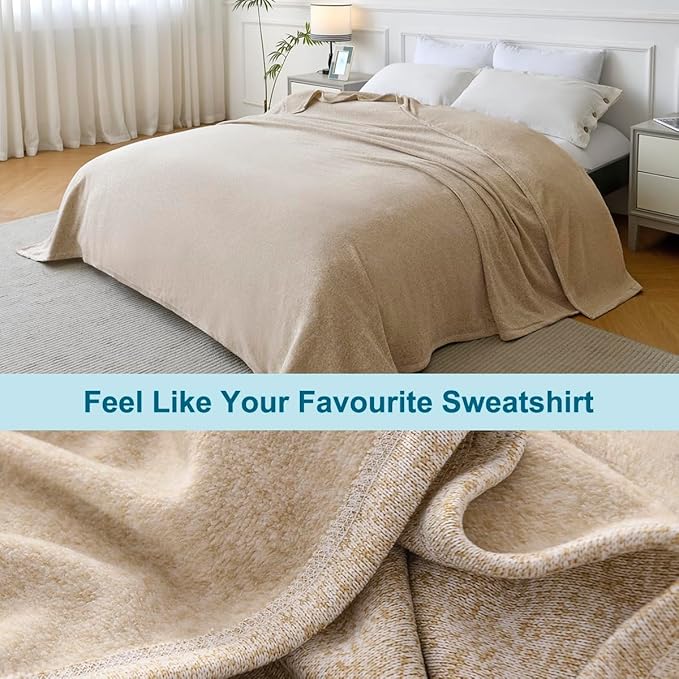 KAWAHOME Summer Sweatshirt Throw Blanket for Bed-Lightweight Breathable Blankets,Soft Thin Knit Jersey Throw Blanket for Hot Sleepers,50 X 60 Inches, Heather Camel