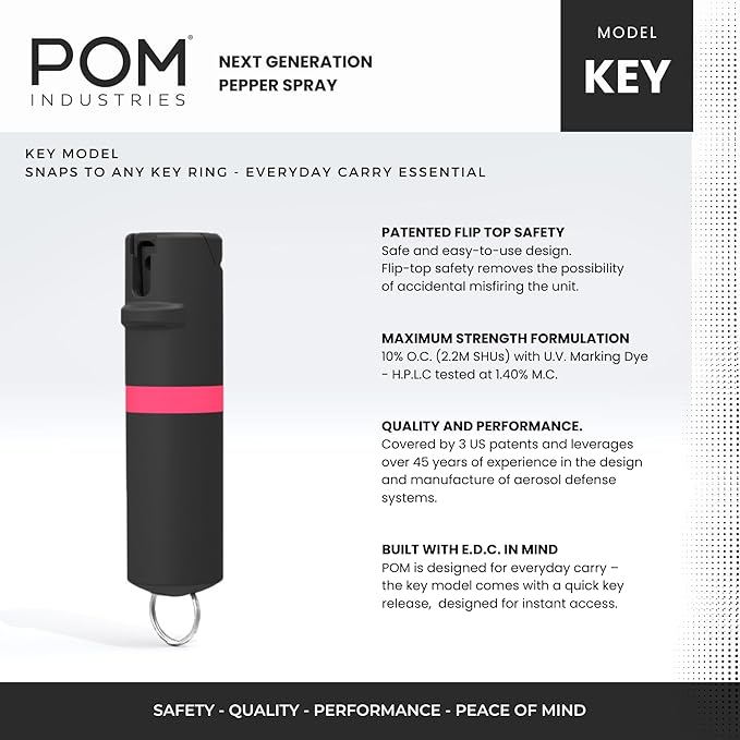POM Pepper Spray Combo Pack Clip & Keychain - Maximum Strength OC Spray Self Defense- Tactical Compact & Safe Design - 25 Bursts & 10 ft Range - Stream Spray Pattern