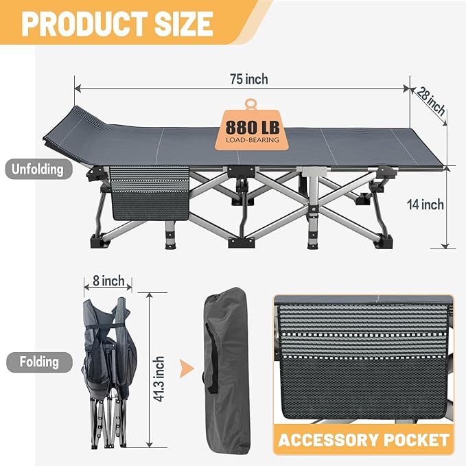 DoCred Folding Camping Cot with Mattress, 2 Pack Heavy Duty Folding Cot for Adults, Portable Sleeping Cot Bed Adults Outdoor Bed with Carry Bag, Travel Camp Cots