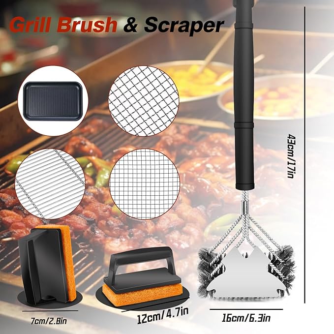 Professional Grill Brush and Scraper Kit - Heavy Duty BBQ Grill Brush with Stainless Steel Scrubber, Outdoor Grill Cleaning Brush Tools for Home, Restaurant & Commercial Use