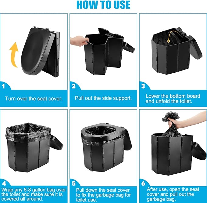Portable Toilet for Camping, Porta Potty for Adults, Outdoor Folding Travel Toilet with Lid and Retractable Paper Holder, Includes Carry Bag, Female Urination Device and 4 Disposable Urine Bags
